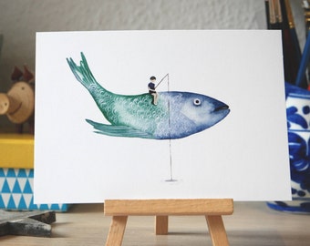 May include: A watercolor painting of a blue and green fish with a person sitting on top of it. The person is holding a fishing rod. The fish is flying in the air.