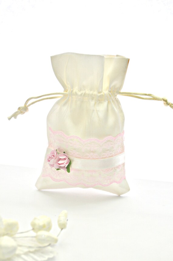 Satin favor bags with pink lace Satin favor bags Pink favor Etsy