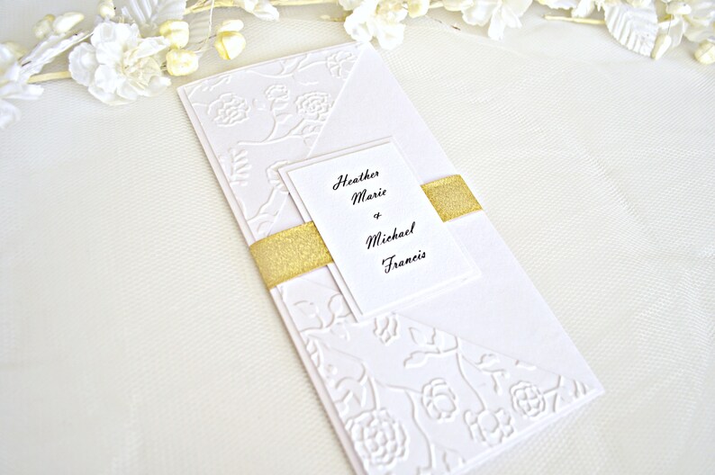 Embossed White and Gold Wedding Invitation Handmade Wedding Etsy