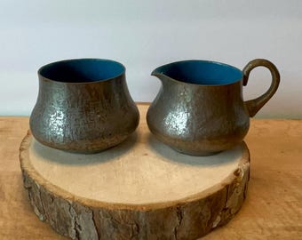 Vintage Hammered Metal Creamer and Sugar Bowl Set Blue Enamel Interior Mid Century Decor Small Serving Set