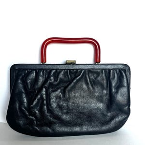FREE SHIPPING Vintage 1960s Black Faux Leather Clutch Purse with Lucite Handles