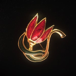 Signed SJF Vintage Cloisonne Flower Brooch in Gold Tone