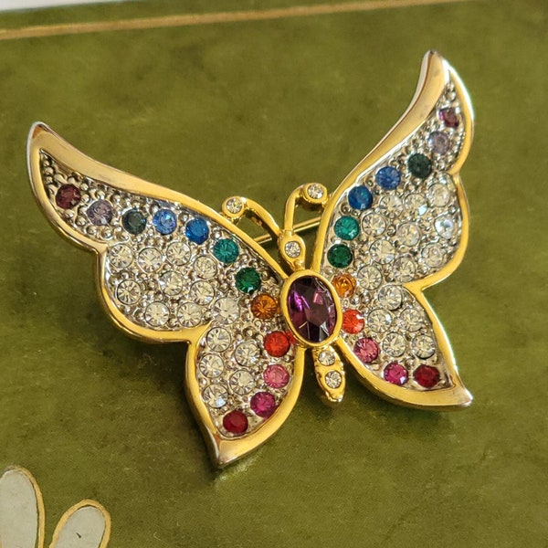 Vintage Butterfly Rhinestone Brooch Signed 1999 P. S. Co in Goldtone