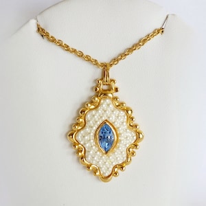 Vintage Necklace with Pearl Accent and Blue Rhinestone Pendant