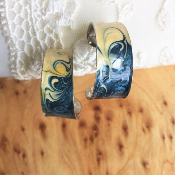 Enamel Paint Swirl Blue Yellow Hoop Earrings Vint… - image 3