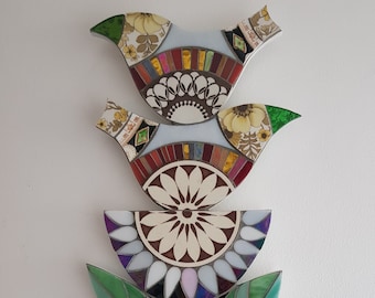 Folk art bird and flower wall mosaic / wall art