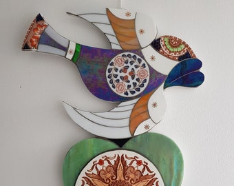 Mosaic bird and heart wall art