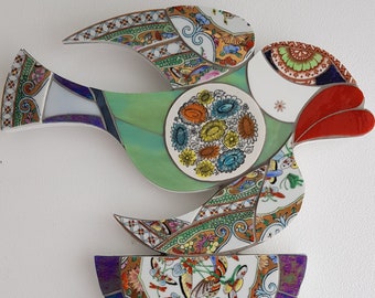 Folk art mosaic bird and flower wall hanging/wall art