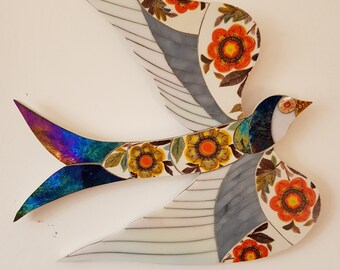 Large swallow mosaic 1970s inspired wall hanging