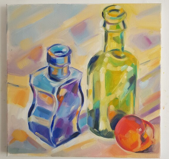 Twee flessen stilleven olieverf op doek schilderij - Etsy