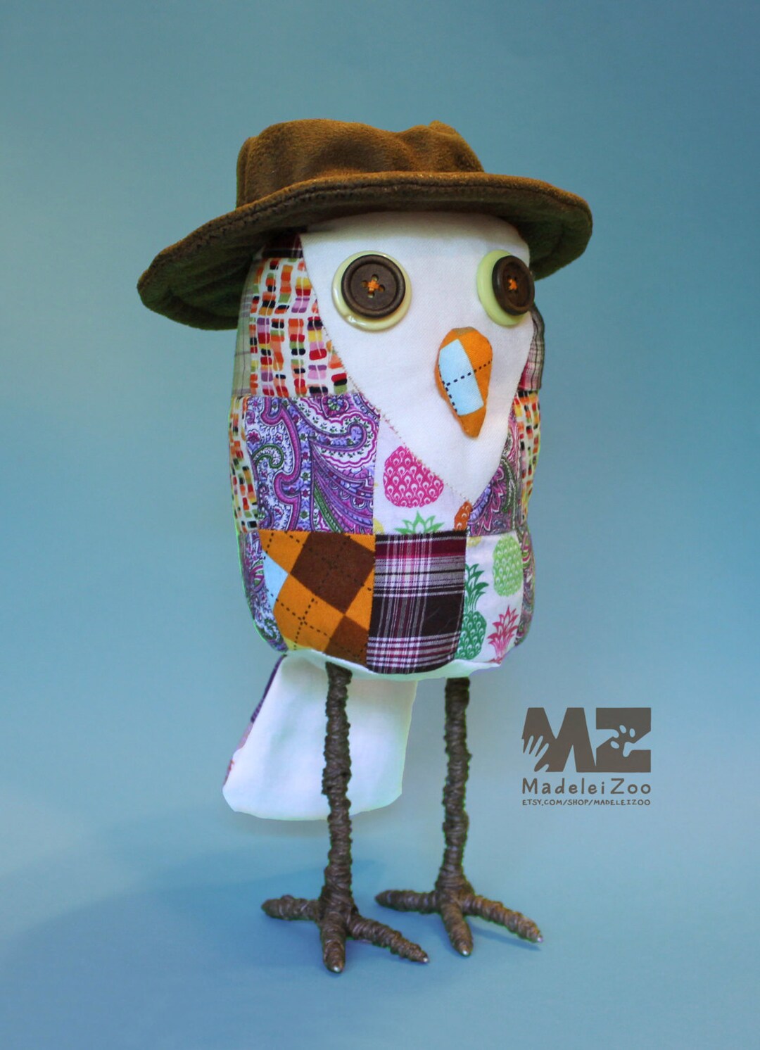 Patchwork Owl Soft Sculpture With Hat, Colorful Fabric Scraps Wire Bird ...