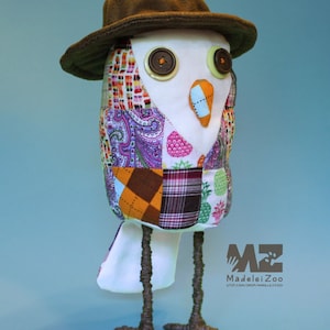 Patchwork Owl Soft Sculpture with Hat, Colorful Fabric Scraps Wire Bird Figure