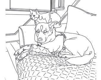 Coloriage chat chien, travail à domicile, cadeau pour enseignant, numérique, imprimable