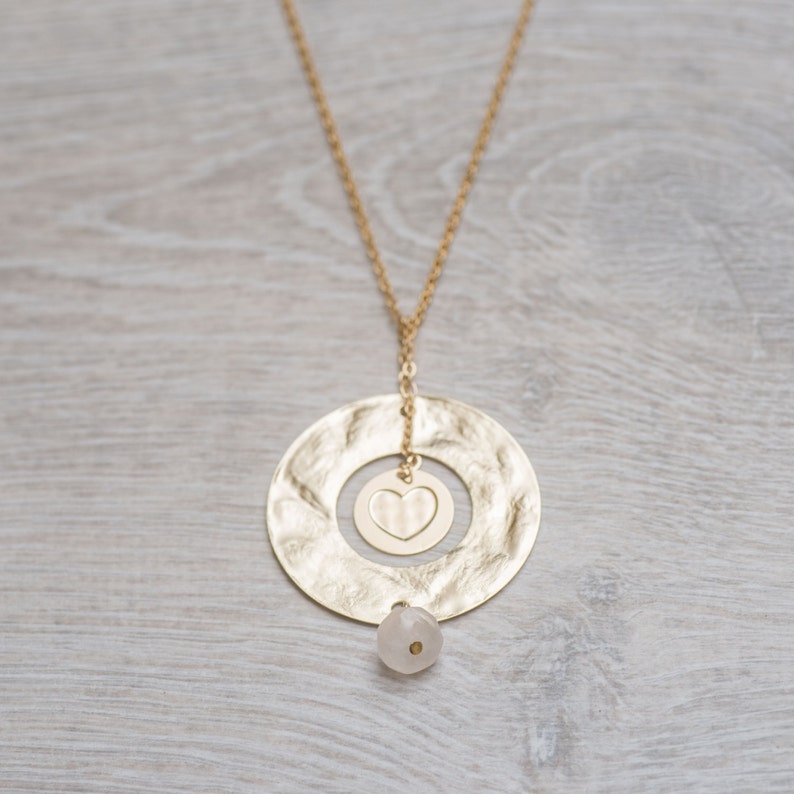 spiritual jewelry designed necklace Long goldfilled necklace hammered ring heart engraved pendant heart pendant round pendant