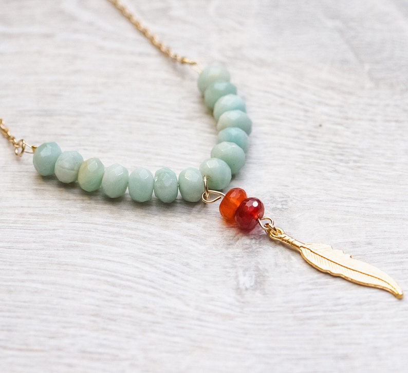 Goldfilled feather necklace Real Aventurine and Carnelian Feather pendant Positive gemstones Aura Gemstones Gold feather