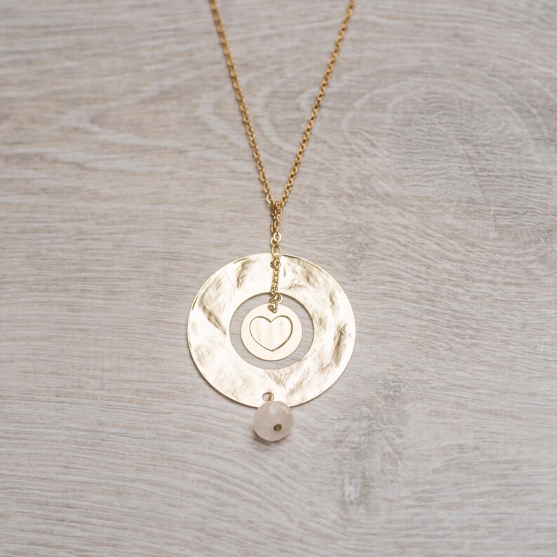 spiritual jewelry designed necklace Long goldfilled necklace hammered ring heart engraved pendant heart pendant round pendant