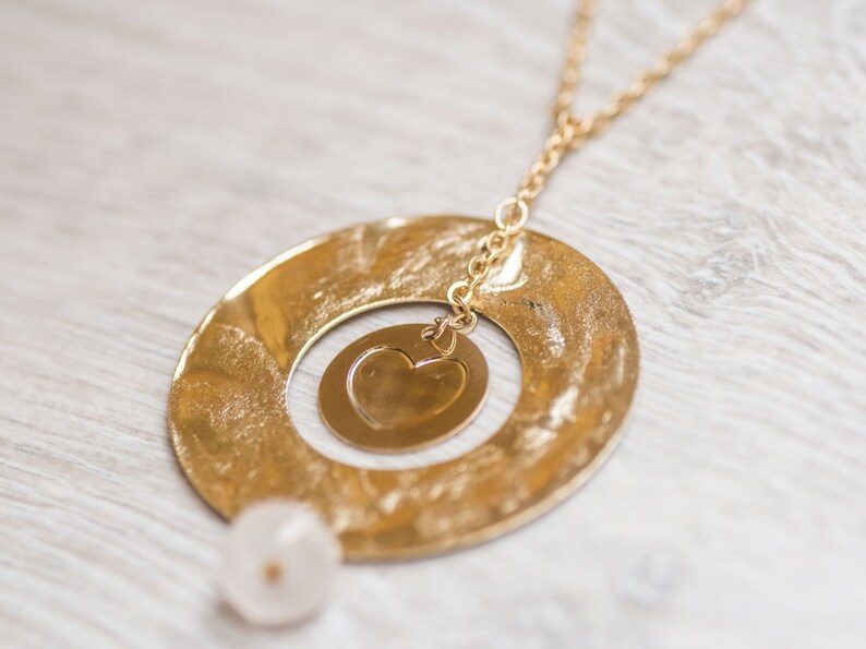 spiritual jewelry designed necklace Long goldfilled necklace hammered ring heart engraved pendant heart pendant round pendant