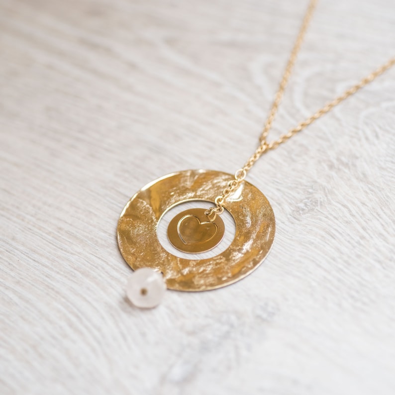 spiritual jewelry designed necklace Long goldfilled necklace hammered ring heart engraved pendant heart pendant round pendant
