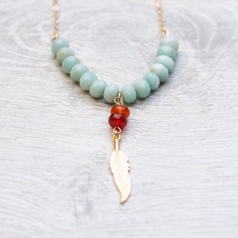 Goldfilled feather necklace Real Aventurine and Carnelian Feather pendant Positive gemstones Aura Gemstones Gold feather