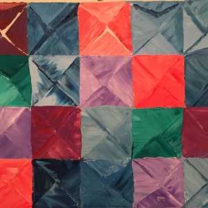 May include: Abstract painting with a grid of 16 squares. Each square is painted in a different color, including red, blue, green, and purple. The squares are arranged in a grid pattern, and the colors are arranged in a random order.