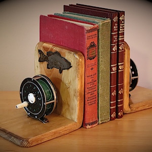 Clearwater River Bookends – Set of 2 – Handmade in Idaho – Fly Fishing Reels & Rustic Bass Accent