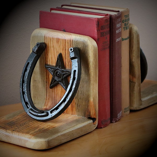 The Old West Set of 2 Book Ends with Horseshoes and the Famous Texas Star Made with 100% Weathered Recycled Wood