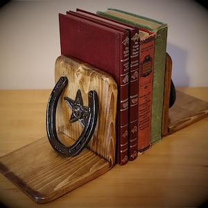 Rustic Western Bookends – Old West Style – Handmade in Idaho USA – Horseshoe & Texas Star Details