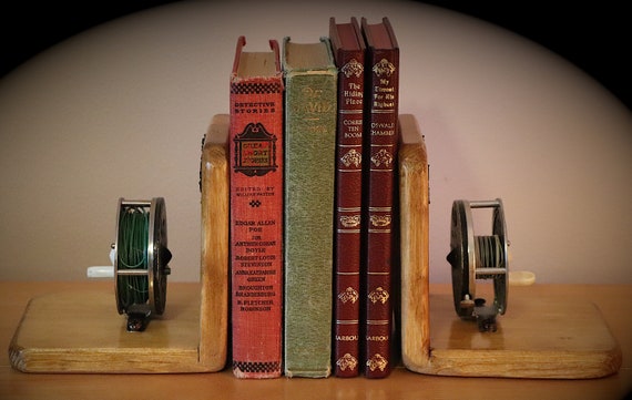 The Clearwater River Set of 2 Book Ends W/fly Fishing Reels and a Rustic  Bass Accent 