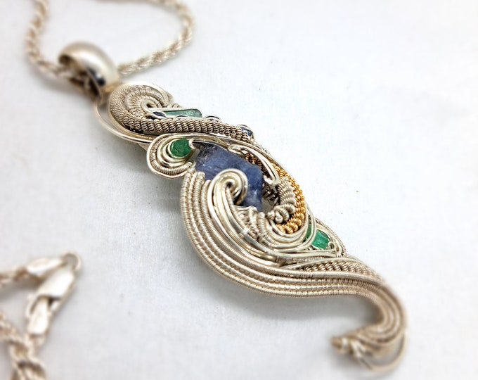 Tanzanite, Emerald, Sapphire wire wrapped pendant.