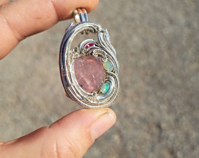 Pink Tourmaline, Opal and Ruby Sterling Silver Wirewrapped Pendant