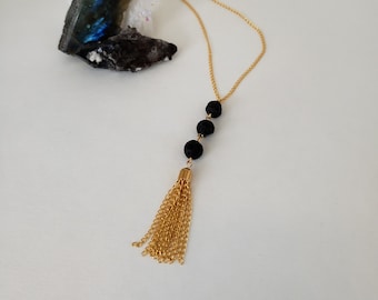 Black Lava Stone and Gold Chain Tassel Essential Oil Diffuser Necklace - Crystal Necklace - Essential Oil Diffuser Jewelry
