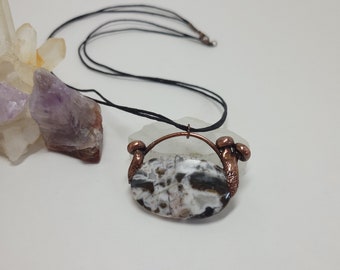 Copper Electroformed Brown and White Agate and Mushroom Necklace - Gemstone Necklace - Healing Crystal Jewelry