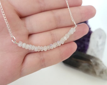 Petite Rainbow Moonstone Beaded Bar Necklace on Sterling Silver Plated Chain - Gemstone Necklace - Healing Crystal Jewelry