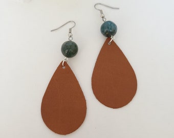 Brown Leather Drop and Fancy Jasper Beaded Earrings on Gold Plated Wires - Gemstone Earrings - Healing Crystal Jewelry