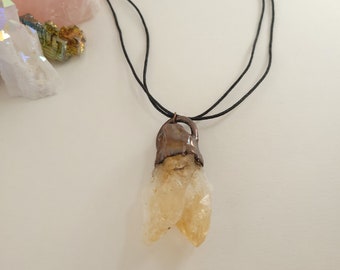 Copper Electroformed Double Point Citrine Pendant on Cotton Cord Necklace - Gemstone Necklace - Healing Crystal Necklace