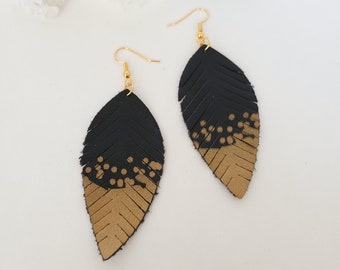 Black and Gold Splatter Leather Feather Drop Earrings on Gold Ear Wires - Boho Jewelry