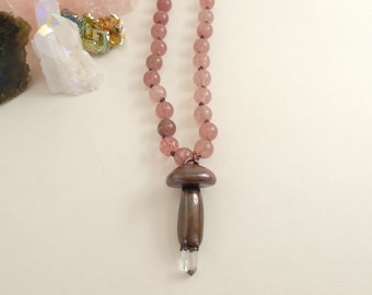 Strawberry Quartz Beaded Necklace with Copper Electroformed Quartz Mushroom Pendant  - Gemstone Necklace - Healing Crystal Jewelry