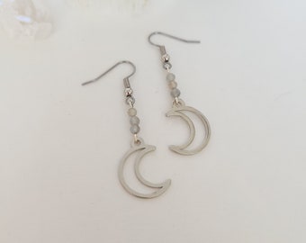 Beaded Labradorite and Silver Moon Earrings on Stainless Steel Ear Wires - Gemstone Earrings - Healing Crystal Jewelry