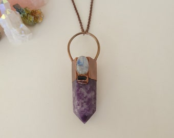 Copper Electroformed Lepidolite Point with Rainbow Moonstone and Black Tourmaline Pendant on Antique Copper Chain Necklace