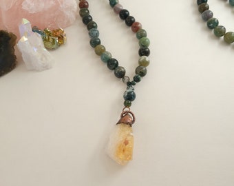 Fancy Jasper Beaded Necklace with Electroformed Citrine Pendant - Gemstone Necklace - Healing Crystal Jewelry