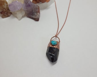 Copper Electroformed Smoky Quartz and Pyrite Turquoise Pendant on Copper Chain Necklace - Crystal Jewelry - Healing Crystal Necklace