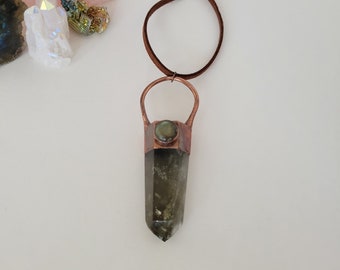 Copper Electroformed Prasiolite Point and Labradorite Pendant on Faux Leather Cord Necklace - Gemstone Necklace - Healing Crystal Jewelry