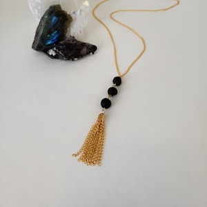 Black Lava Stone and Gold Chain Tassel Essential Oil Diffuser Necklace - Crystal Necklace - Essential Oil Diffuser Jewelry