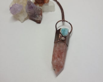 Copper Electroformed Sunstone Point with Larimar and Ethiopian Opal Necklace - Gemstone Necklace - Healing Crystal Jewelry