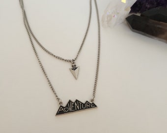 Silver Mountain "Adventure" Pendant and Arrowhead Charm Double Layer Necklace on Stainless Steel Chain