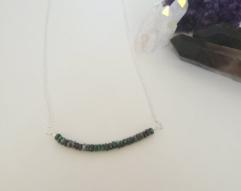 Petite Ruby Zoisite Beaded Bar Necklace on Sterling Silver Plated Chain - Gemstone Necklace - Healing Crystal Jewelry