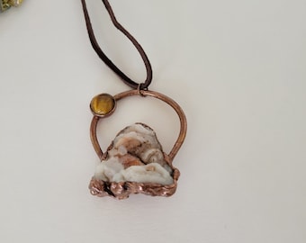 Copper Electroformed Raw Chalcedony and Tiger's Eye Pendant on Faux Leather Cord Necklace - Gemstone Necklace - Healing Crystal Jewelry