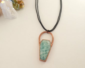 Copper Electroformed Amazonite Coffin Pendant on Black Cotton Cord Necklace - Gemstone Necklace - Healing Crystal Jewelry