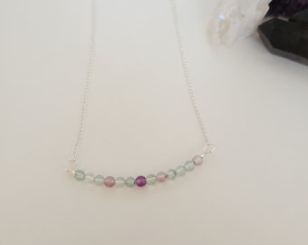 Petite Rainbow Fluorite Beaded Bar Necklace on Sterling Silver Plated Chain - Gemstone Necklace - Healing Crystal Jewelry