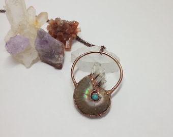 Copper Electroformed Ammonite Shell, Amazonite and Quartz Necklace - Gemstone Necklace - Healing Crystal Jewelry